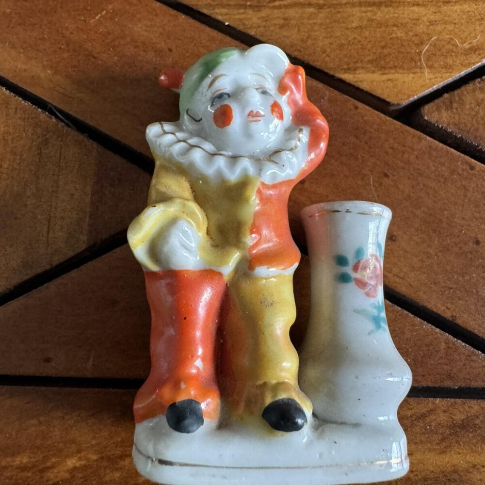 VINTAGE Occupied Japan toothpick holder CLOWN CourtJester 1940s